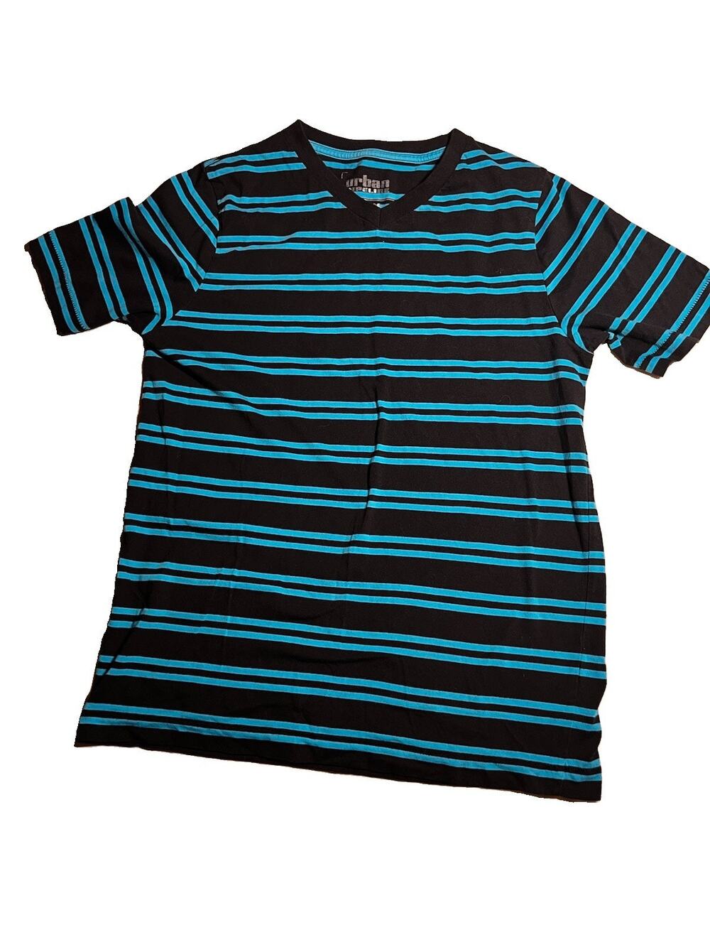 Urban Pipeline Boys Youth Large Black Blue Striped V-Neck T-Shirt Short Sleeve